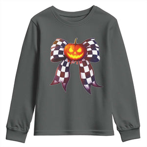 Race Car Halloween Youth Sweatshirt Pumpkin Checkered Coquette Bow TS14 Dark Heather Print Your Wear