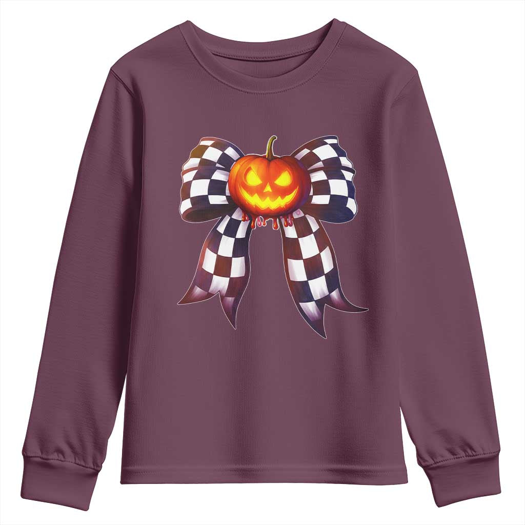 Race Car Halloween Youth Sweatshirt Pumpkin Checkered Coquette Bow TS14 Maroon Print Your Wear