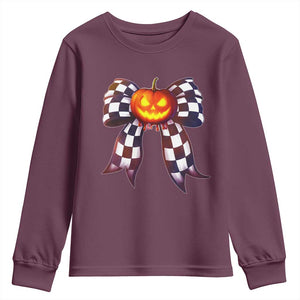 Race Car Halloween Youth Sweatshirt Pumpkin Checkered Coquette Bow TS14 Maroon Print Your Wear
