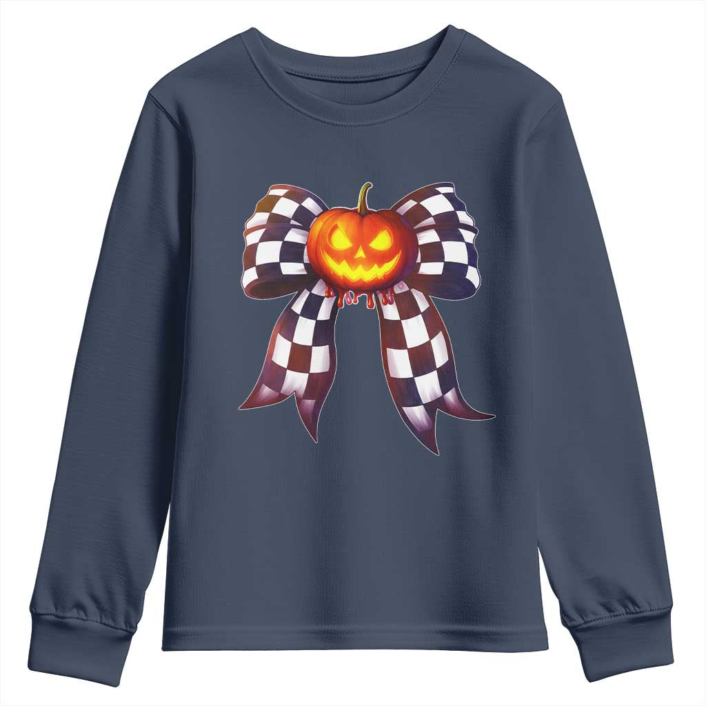 Race Car Halloween Youth Sweatshirt Pumpkin Checkered Coquette Bow TS14 Navy Print Your Wear