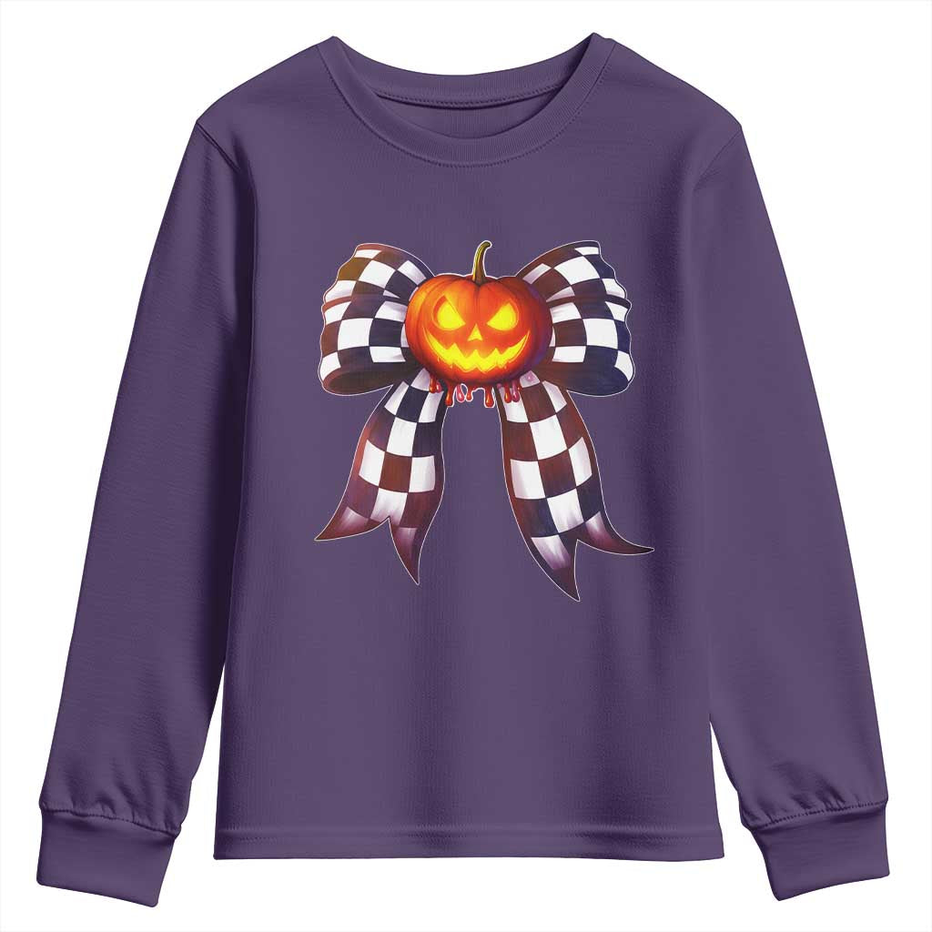 Race Car Halloween Youth Sweatshirt Pumpkin Checkered Coquette Bow TS14 Purple Print Your Wear