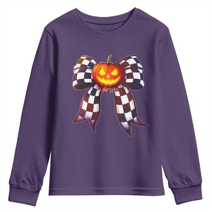 Race Car Halloween Youth Sweatshirt Pumpkin Checkered Coquette Bow TS14 Purple Print Your Wear