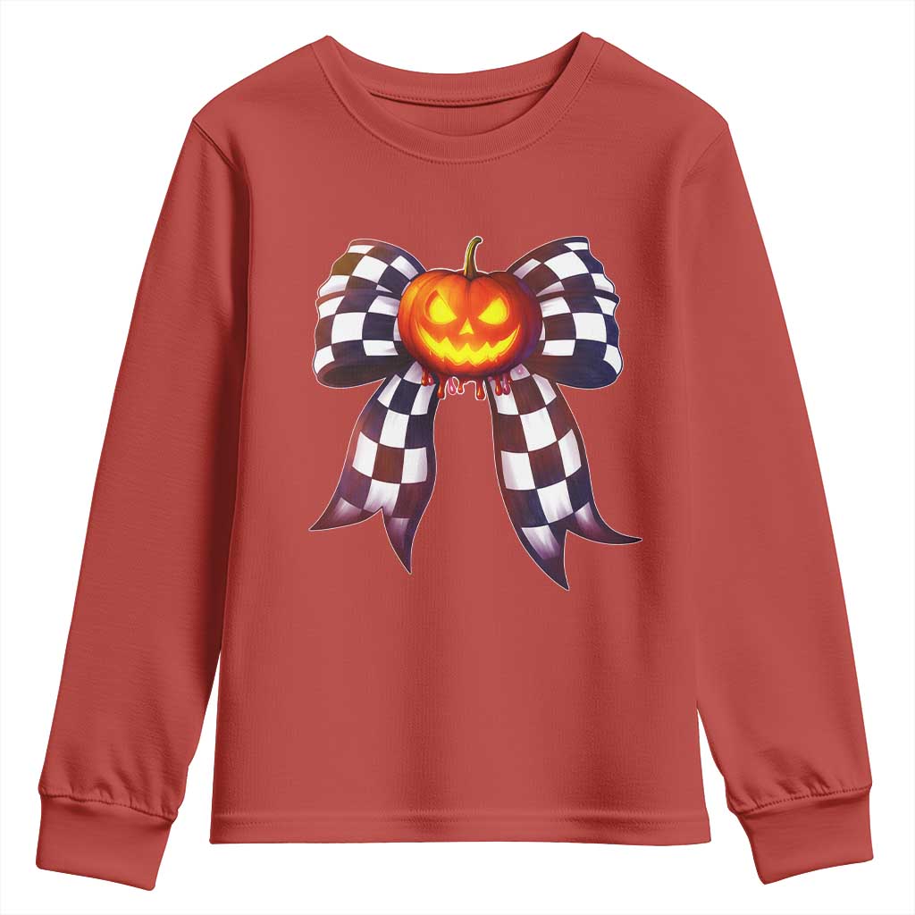 Race Car Halloween Youth Sweatshirt Pumpkin Checkered Coquette Bow TS14 Red Print Your Wear