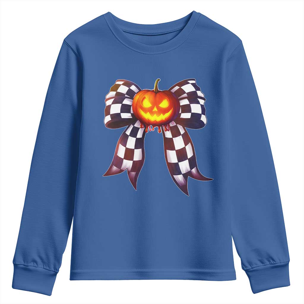 Race Car Halloween Youth Sweatshirt Pumpkin Checkered Coquette Bow TS14 Royal Blue Print Your Wear