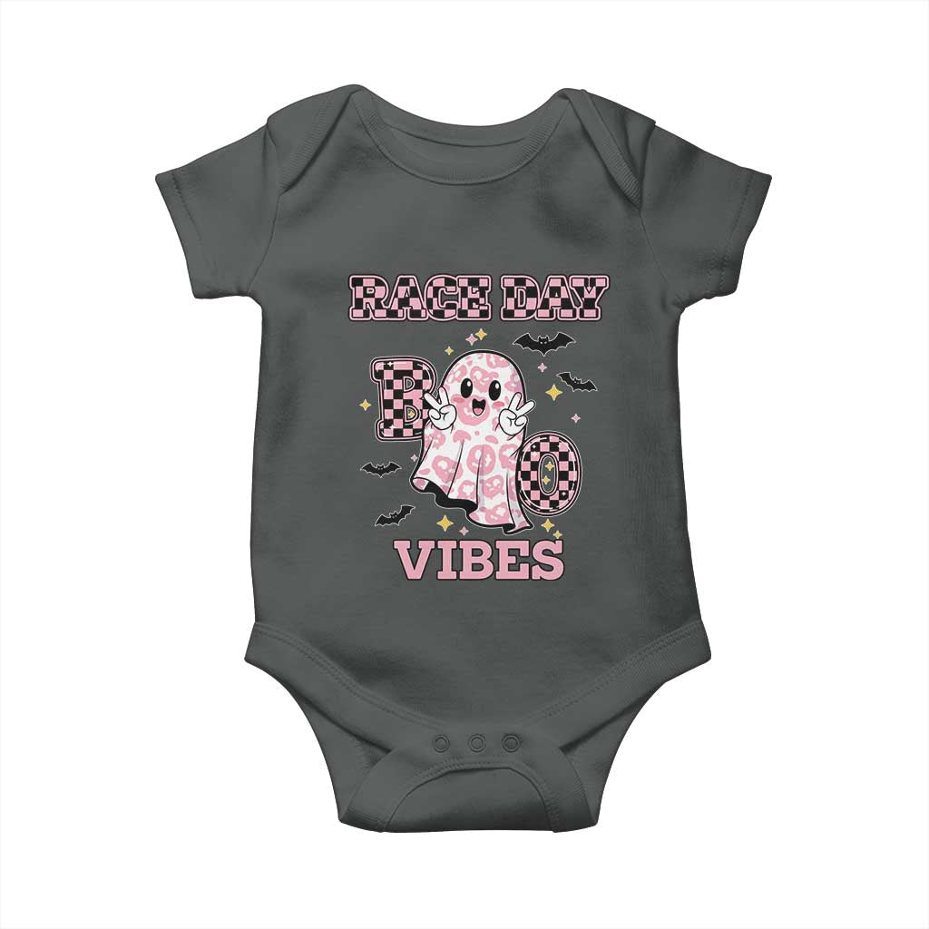 Race Car Halloween Baby Onesie Boo Checkered Coquette Bow TS14 Dark Heather Print Your Wear