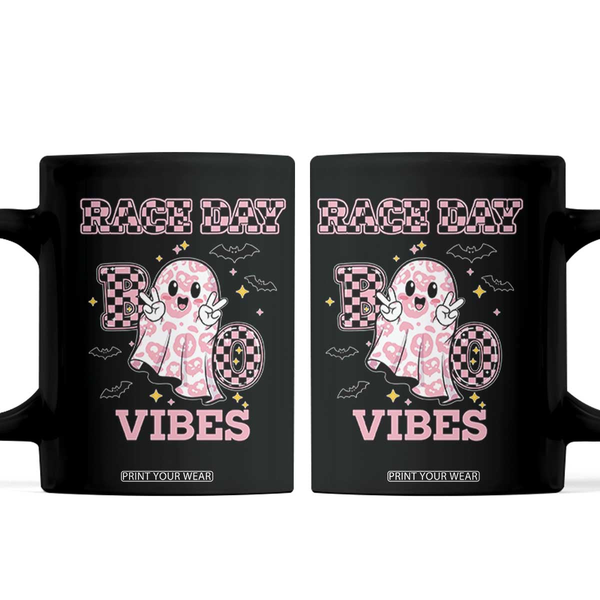 Race Car Halloween Coffee Mug Boo Checkered Coquette Bow TS14 Black Print Your Wear