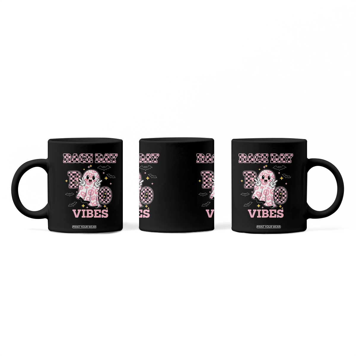 Race Car Halloween Coffee Mug Boo Checkered Coquette Bow TS14 Print Your Wear