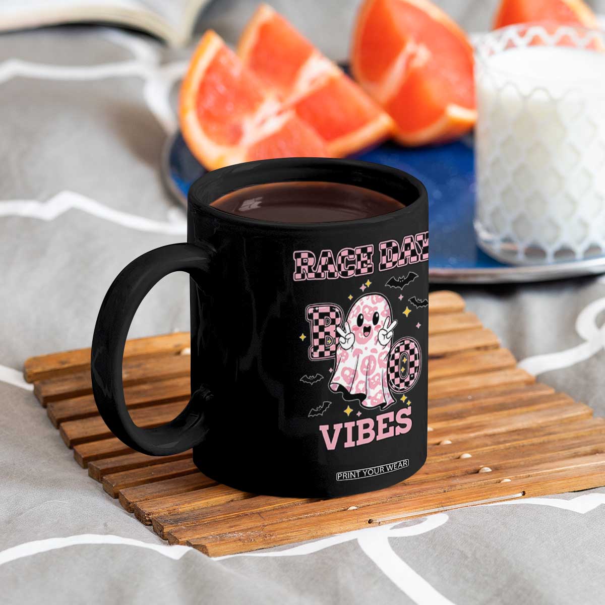 Race Car Halloween Coffee Mug Boo Checkered Coquette Bow TS14 Print Your Wear