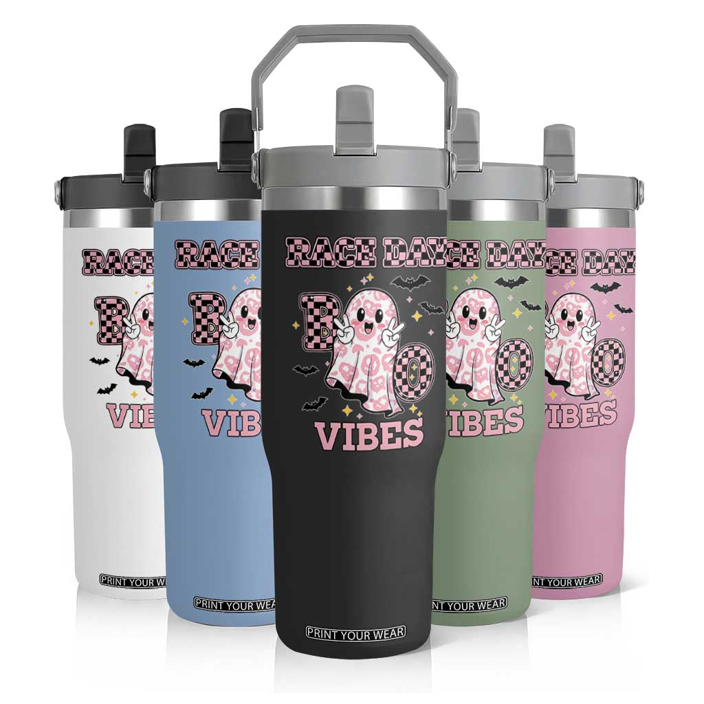 Race Car Halloween Flip Straw Tumbler Boo Checkered Coquette Bow TS14 Print Your Wear