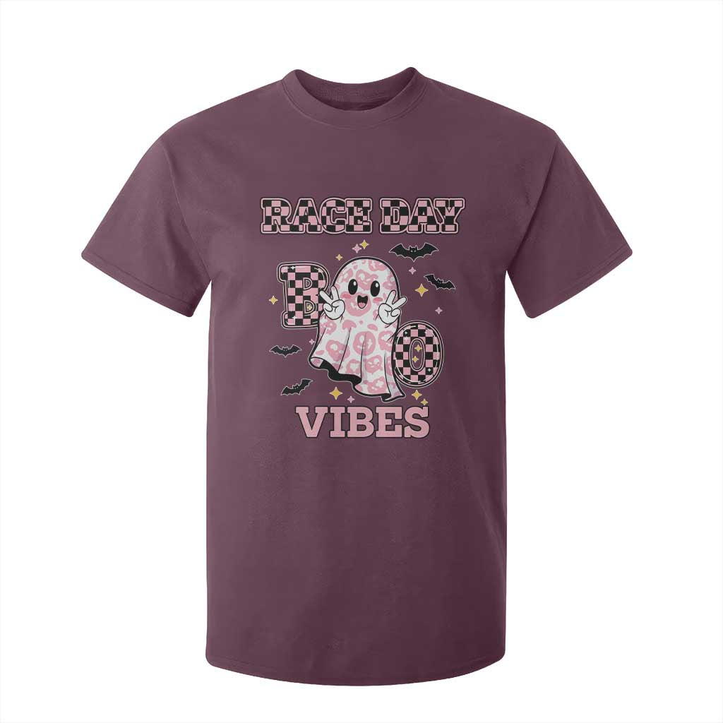 Race Car Halloween T Shirt For Kid Boo Checkered Coquette Bow TS14 Maroon Print Your Wear