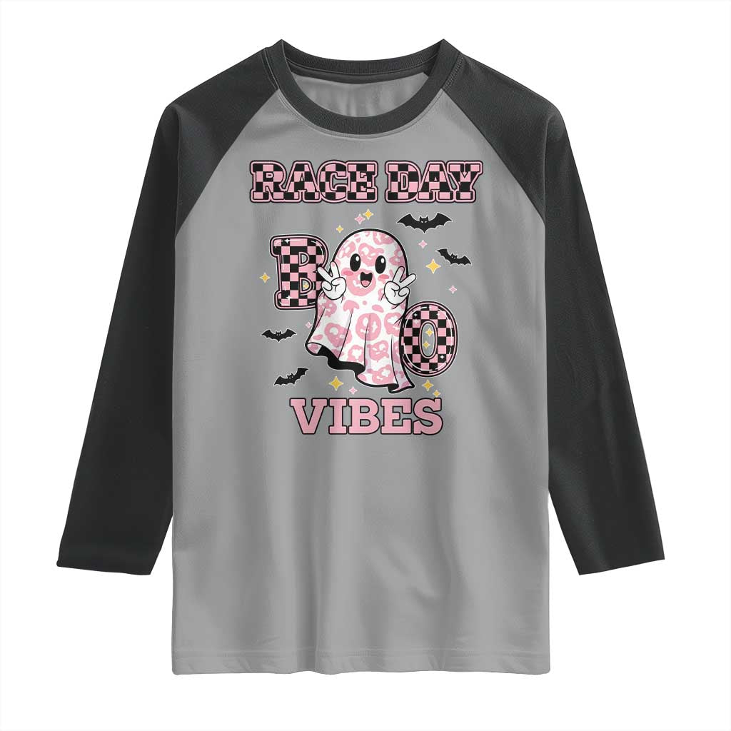 Race Car Halloween Raglan Shirt Boo Checkered Coquette Bow TS14 Sport Gray Black Print Your Wear