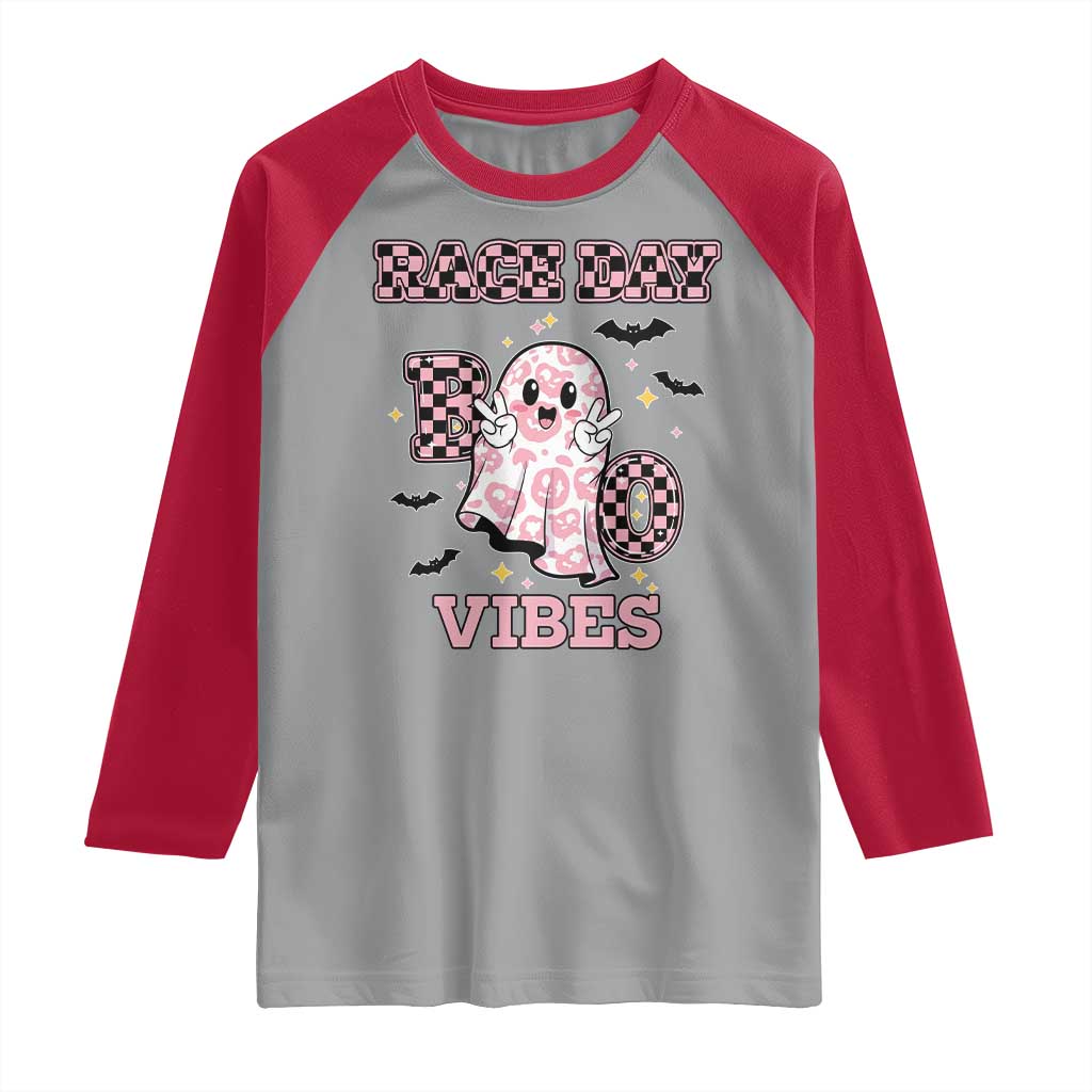 Race Car Halloween Raglan Shirt Boo Checkered Coquette Bow TS14 Sport Gray Red Print Your Wear