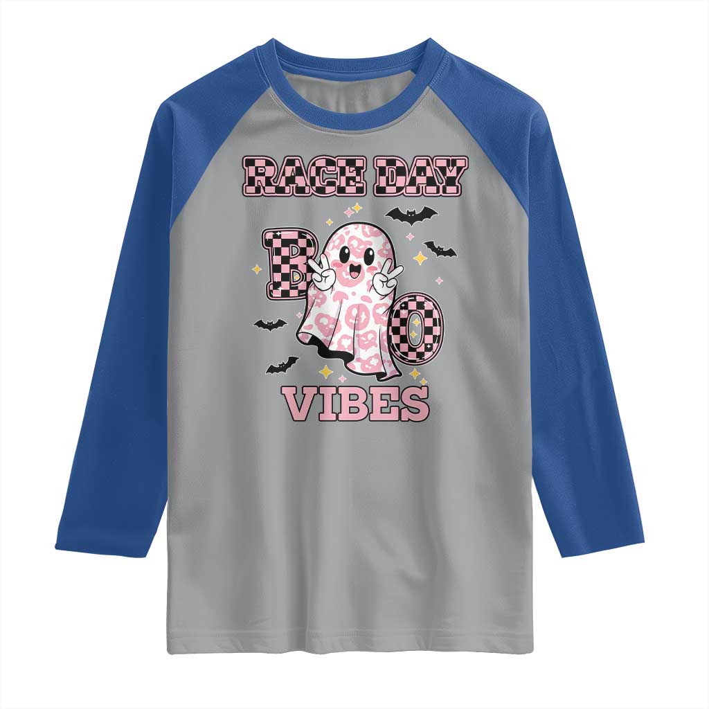 Race Car Halloween Raglan Shirt Boo Checkered Coquette Bow TS14 Sport Gray Royal Print Your Wear