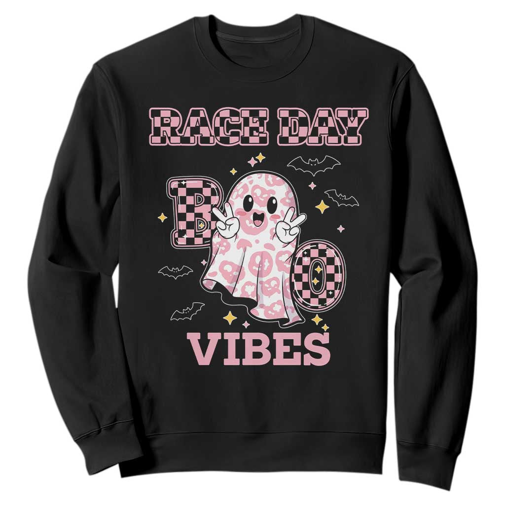 Race Car Halloween Sweatshirt Boo Checkered Coquette Bow TS14 Black Print Your Wear