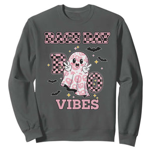 Race Car Halloween Sweatshirt Boo Checkered Coquette Bow TS14 Dark Heather Print Your Wear