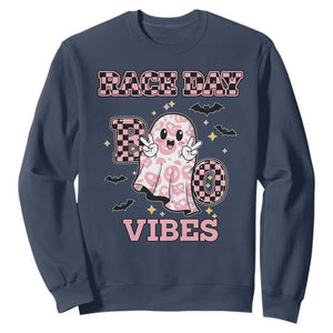 Race Car Halloween Sweatshirt Boo Checkered Coquette Bow TS14 Navy Print Your Wear