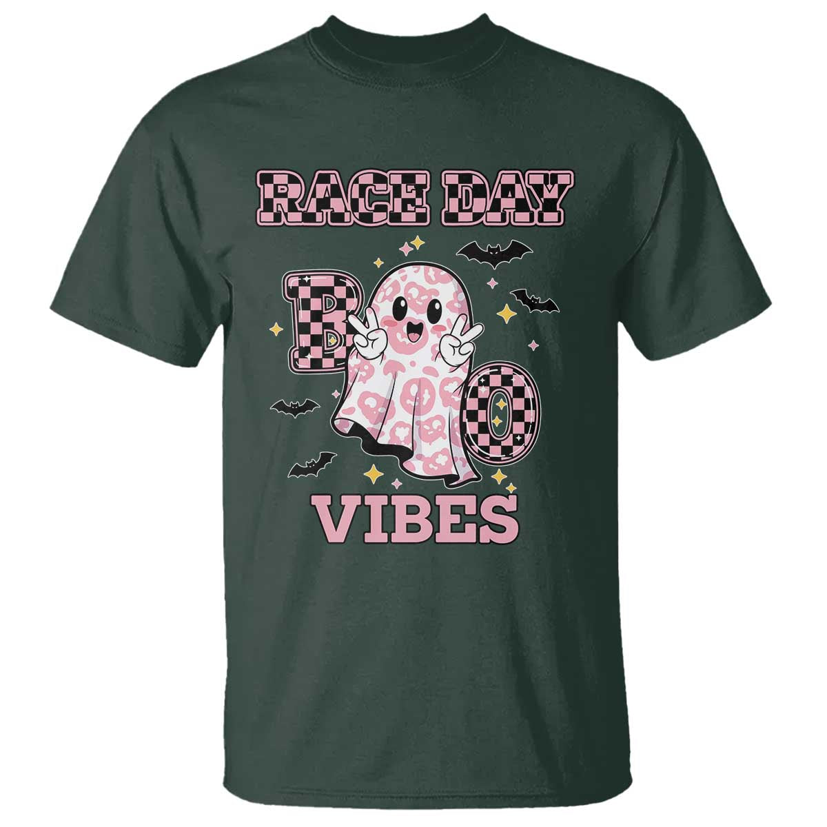 Race Car Halloween T Shirt Boo Checkered Coquette Bow TS14 Dark Forest Green Print Your Wear