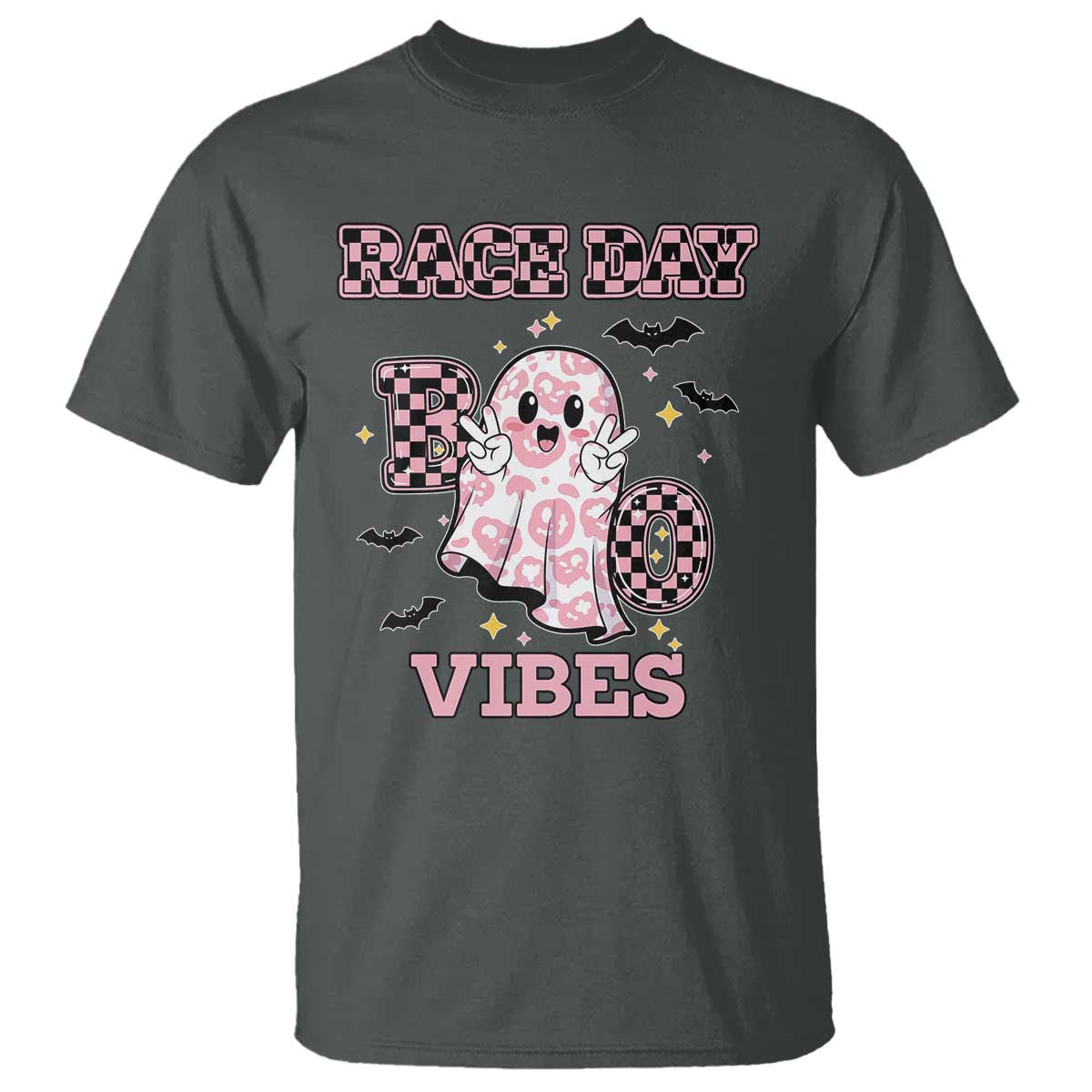 Race Car Halloween T Shirt Boo Checkered Coquette Bow TS14 Dark Heather Print Your Wear