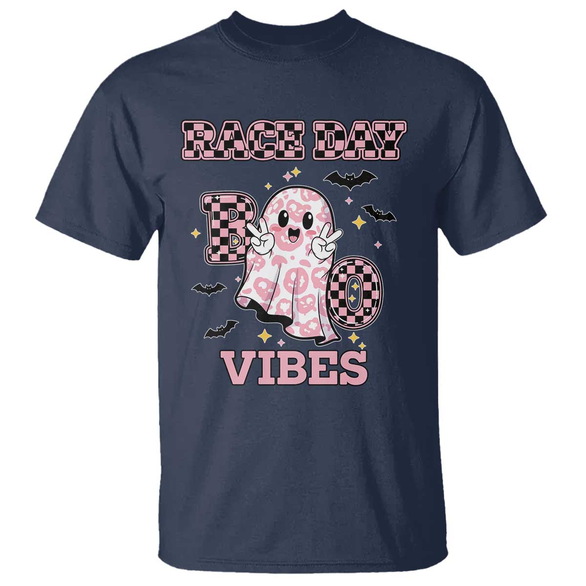 Race Car Halloween T Shirt Boo Checkered Coquette Bow TS14 Navy Print Your Wear