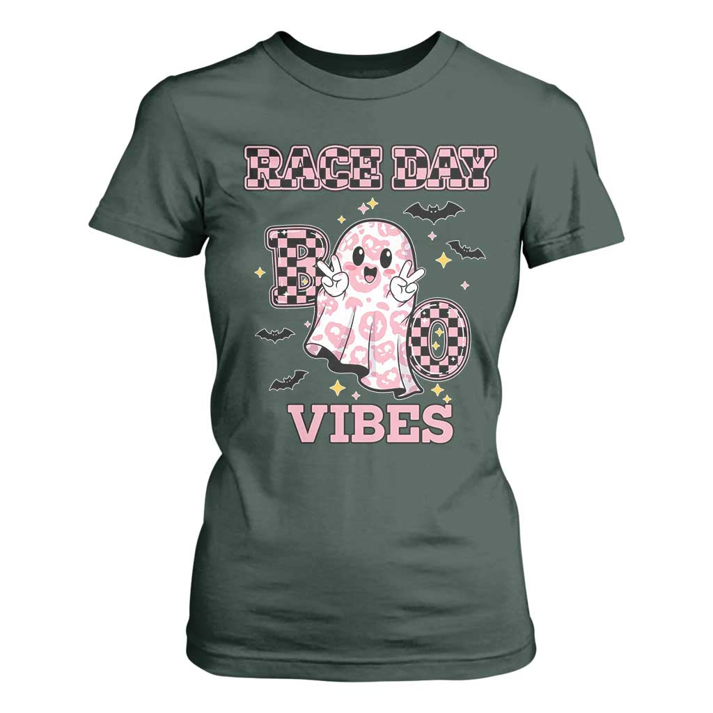 Race Car Halloween T Shirt For Women Boo Checkered Coquette Bow TS14 Dark Forest Green Print Your Wear
