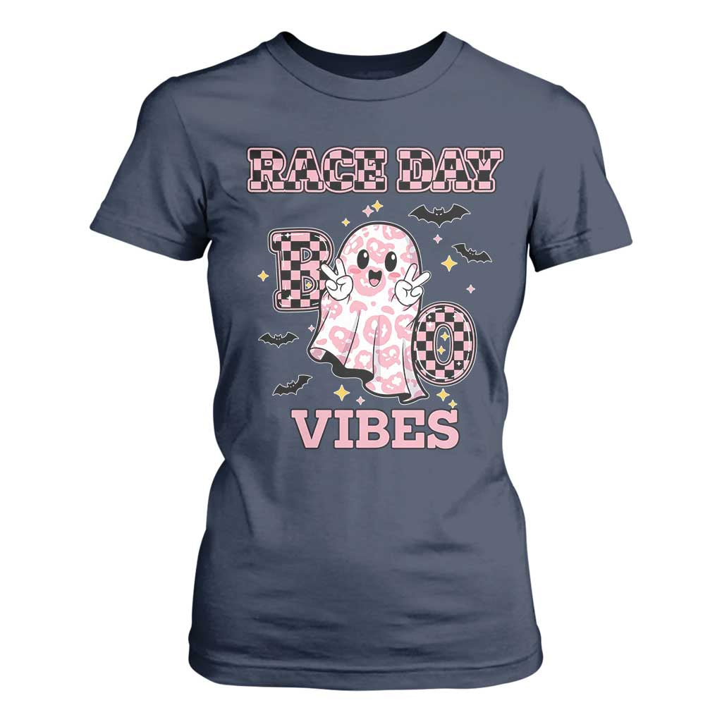 Race Car Halloween T Shirt For Women Boo Checkered Coquette Bow TS14 Navy Print Your Wear