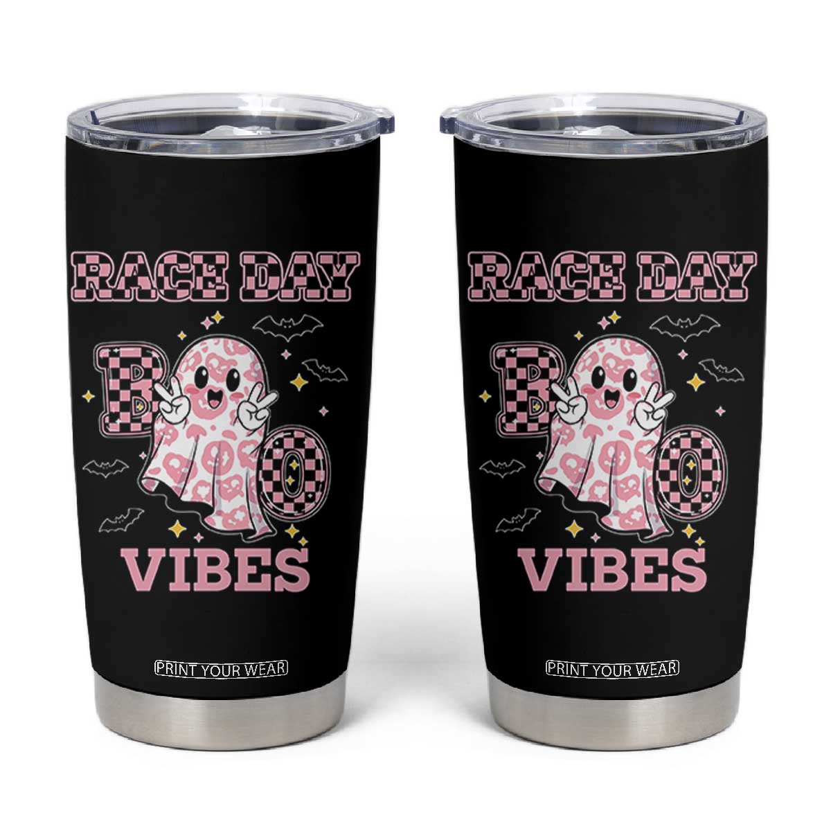 Race Car Halloween Tumbler Cup Boo Checkered Coquette Bow TS14 Black Print Your Wear