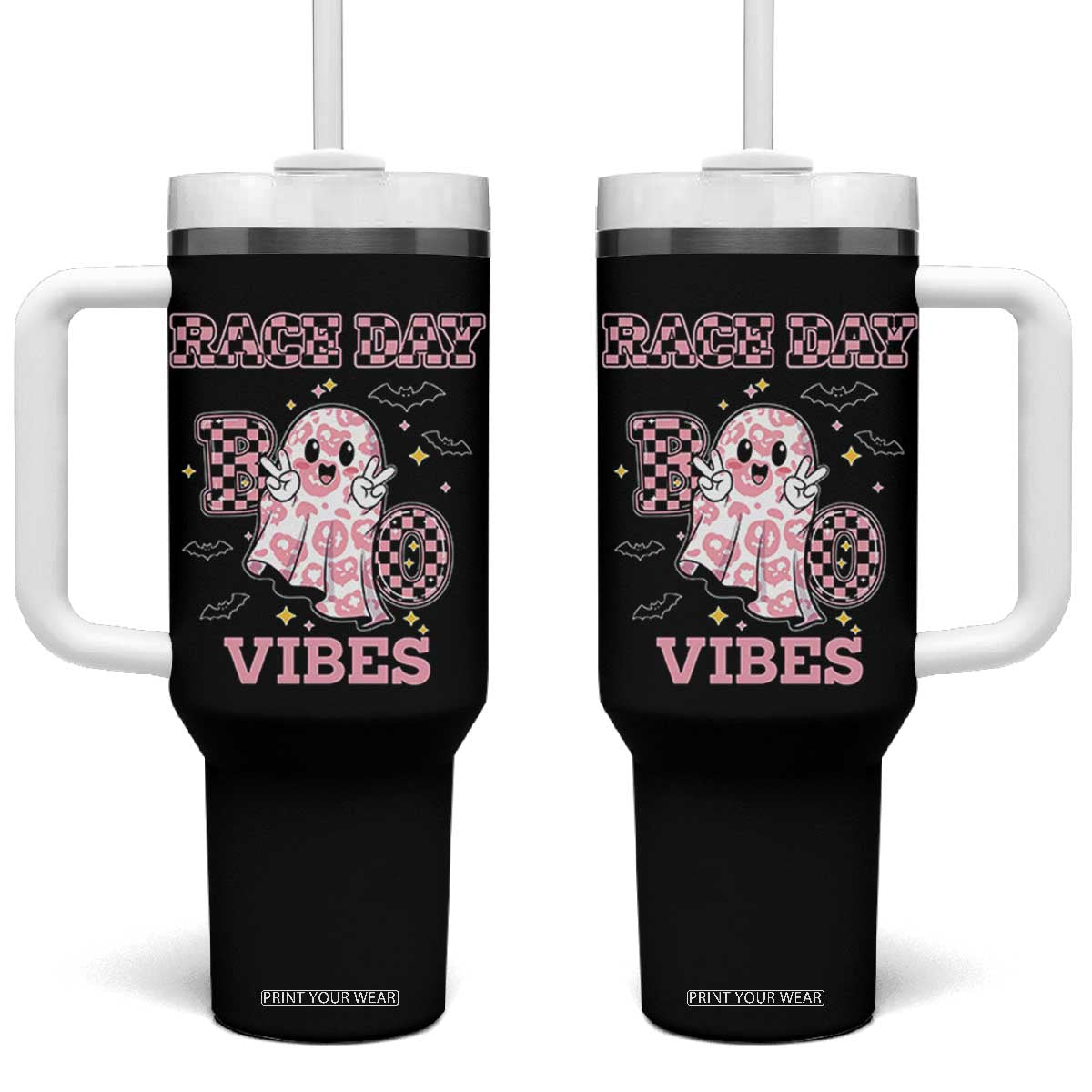 Race Car Halloween Tumbler With Handle Boo Checkered Coquette Bow TS14 One Size: 40 oz Black Print Your Wear