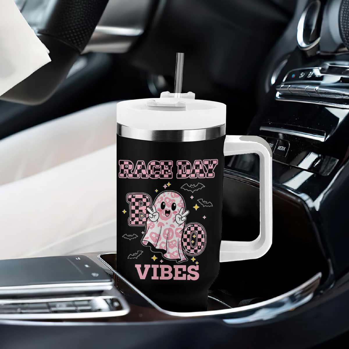 Race Car Halloween Tumbler With Handle Boo Checkered Coquette Bow TS14 Print Your Wear