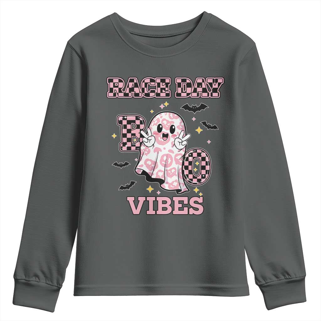 Race Car Halloween Youth Sweatshirt Boo Checkered Coquette Bow TS14 Dark Heather Print Your Wear