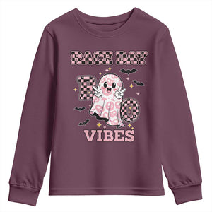 Race Car Halloween Youth Sweatshirt Boo Checkered Coquette Bow TS14 Maroon Print Your Wear