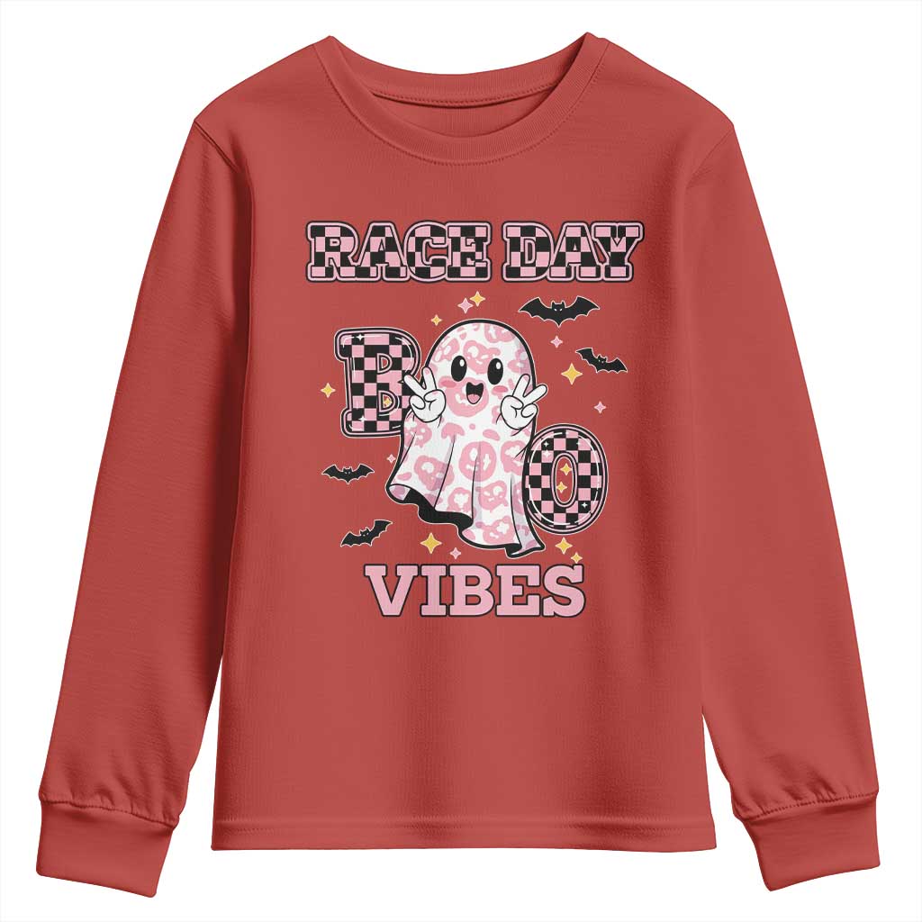 Race Car Halloween Youth Sweatshirt Boo Checkered Coquette Bow TS14 Red Print Your Wear
