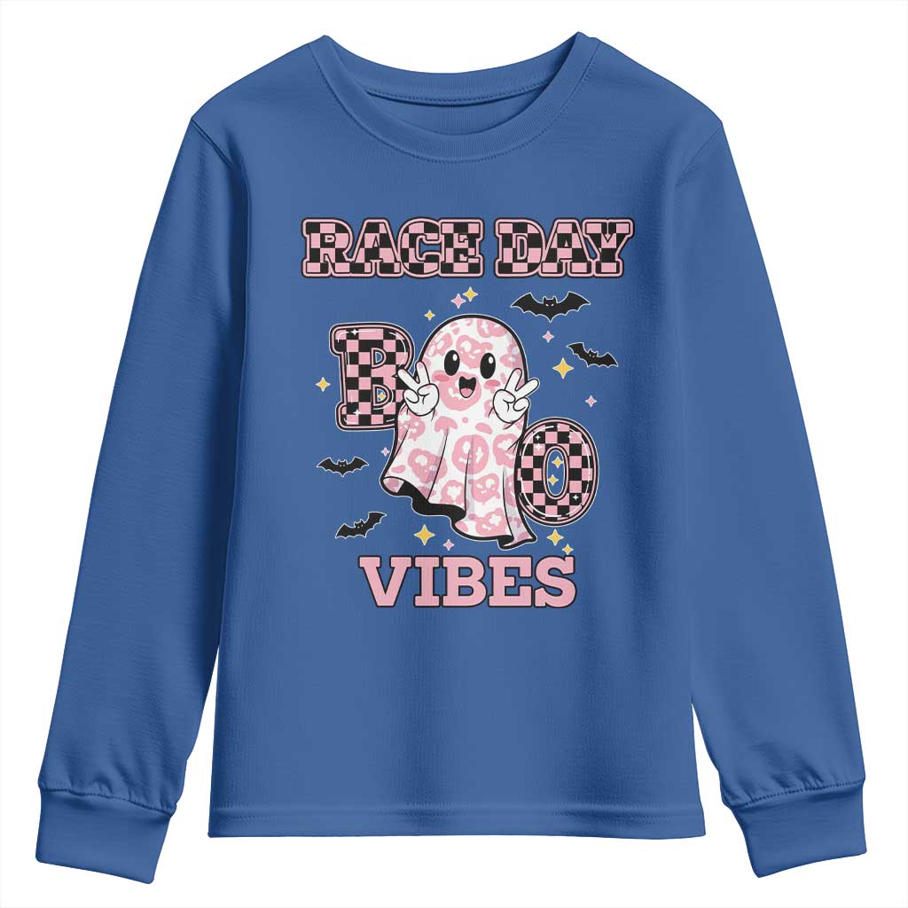 Race Car Halloween Youth Sweatshirt Boo Checkered Coquette Bow TS14 Royal Blue Print Your Wear