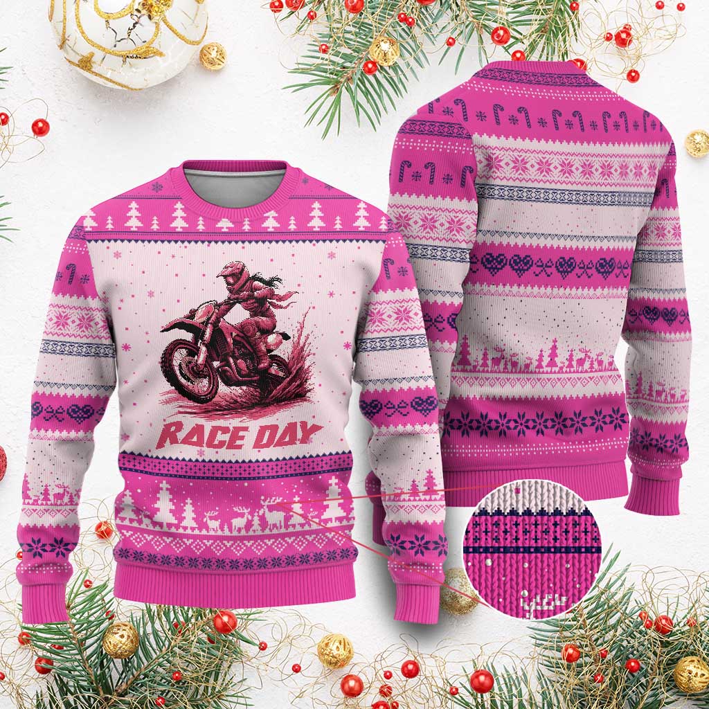 Dirt Bike Girl Ugly Christmas Sweater Motocross Racing Women TS14 Hot Pink Print Your Wear