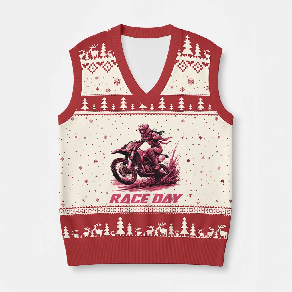 Dirt Bike Girl V-Neck Knit Sweater Vest Motocross Racing Women TS14 Beige Red Print Your Wear