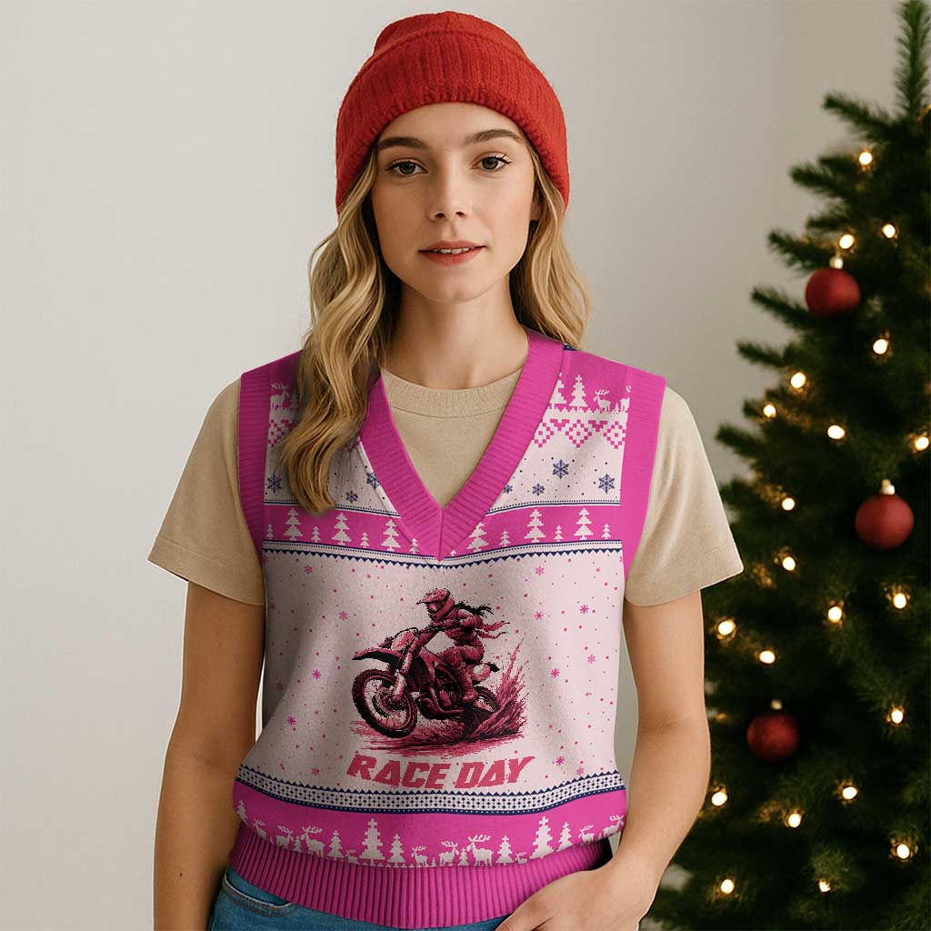 Dirt Bike Girl V-Neck Knit Sweater Vest Motocross Racing Women TS14 Hot Pink Print Your Wear