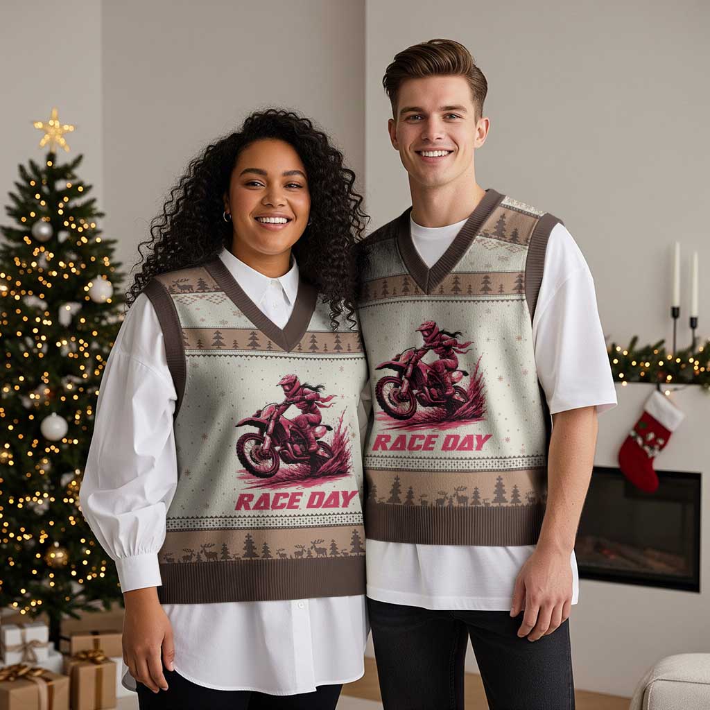Dirt Bike Girl V-Neck Knit Sweater Vest Motocross Racing Women TS14 Mocha Mousse Print Your Wear