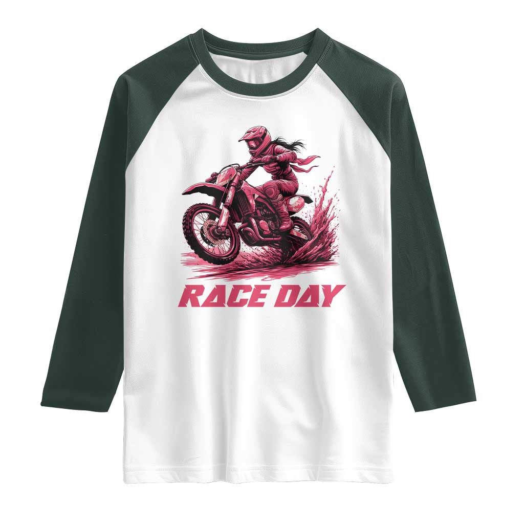 Dirt Bike Girl Raglan Shirt Motocross Racing Women TS14 White Dark Forest Green Print Your Wear