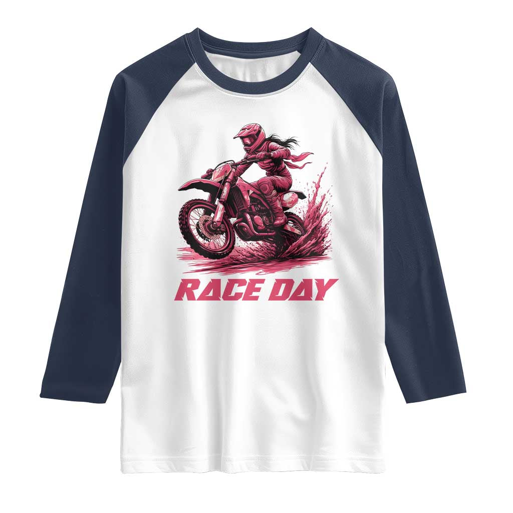 Dirt Bike Girl Raglan Shirt Motocross Racing Women TS14 White Navy Print Your Wear