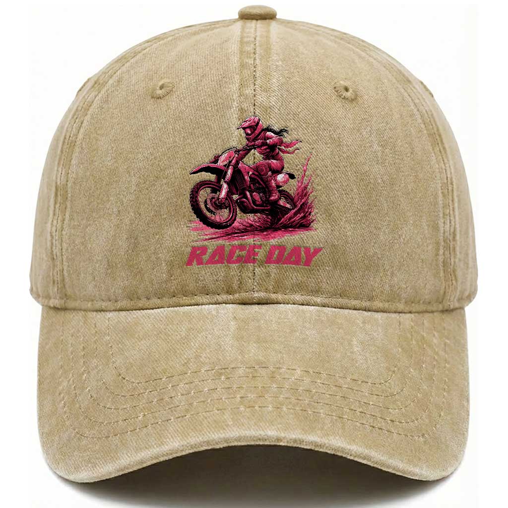 Dirt Bike Girl Washed Cotton Baseball Cap Motocross Racing Women TS14 Washed Cap Universal Fit Khaki Print Your Wear