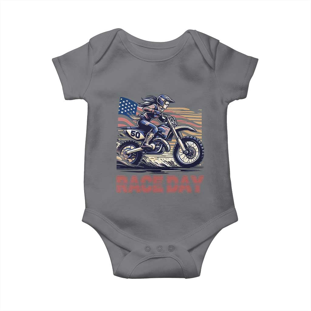 Dirt Bike Girl Baby Onesie Patriotic Motocross American Flag Racing TS14 Charcoal Print Your Wear