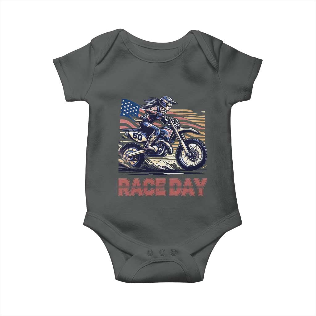 Dirt Bike Girl Baby Onesie Patriotic Motocross American Flag Racing TS14 Dark Heather Print Your Wear