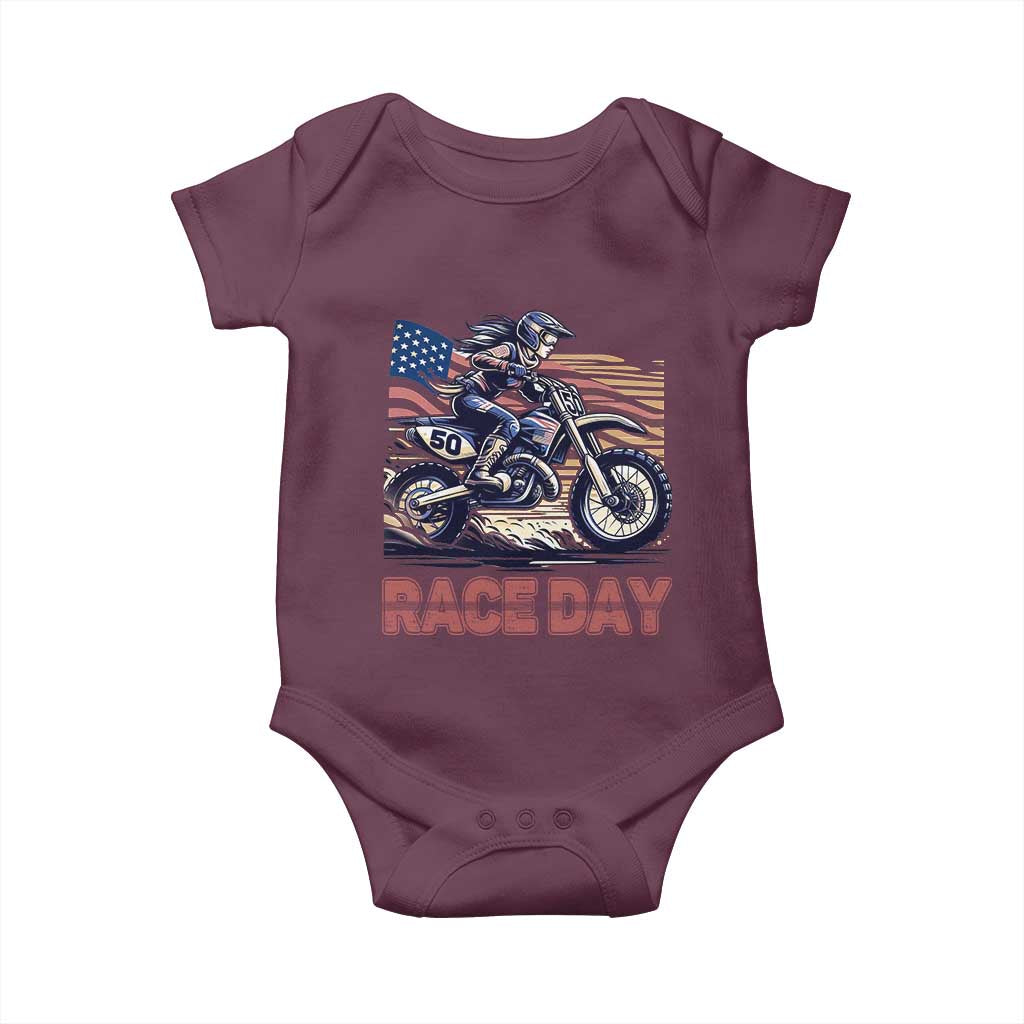 Dirt Bike Girl Baby Onesie Patriotic Motocross American Flag Racing TS14 Maroon Print Your Wear