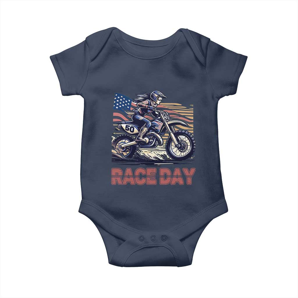 Dirt Bike Girl Baby Onesie Patriotic Motocross American Flag Racing TS14 Navy Print Your Wear