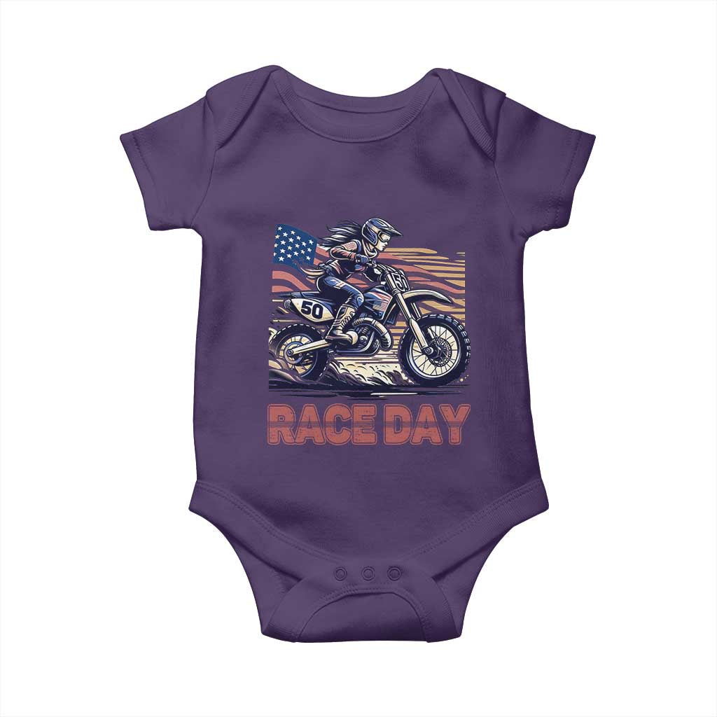 Dirt Bike Girl Baby Onesie Patriotic Motocross American Flag Racing TS14 Purple Print Your Wear