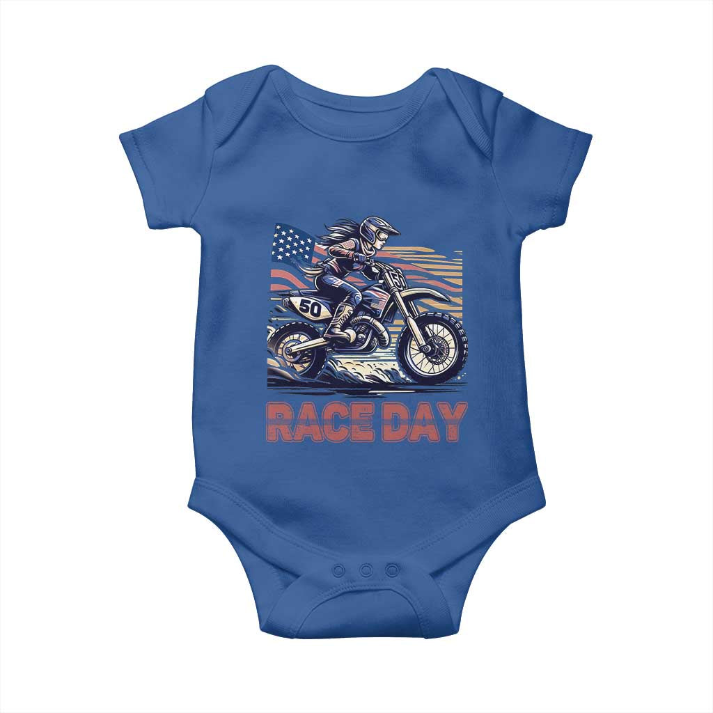 Dirt Bike Girl Baby Onesie Patriotic Motocross American Flag Racing TS14 Royal Blue Print Your Wear