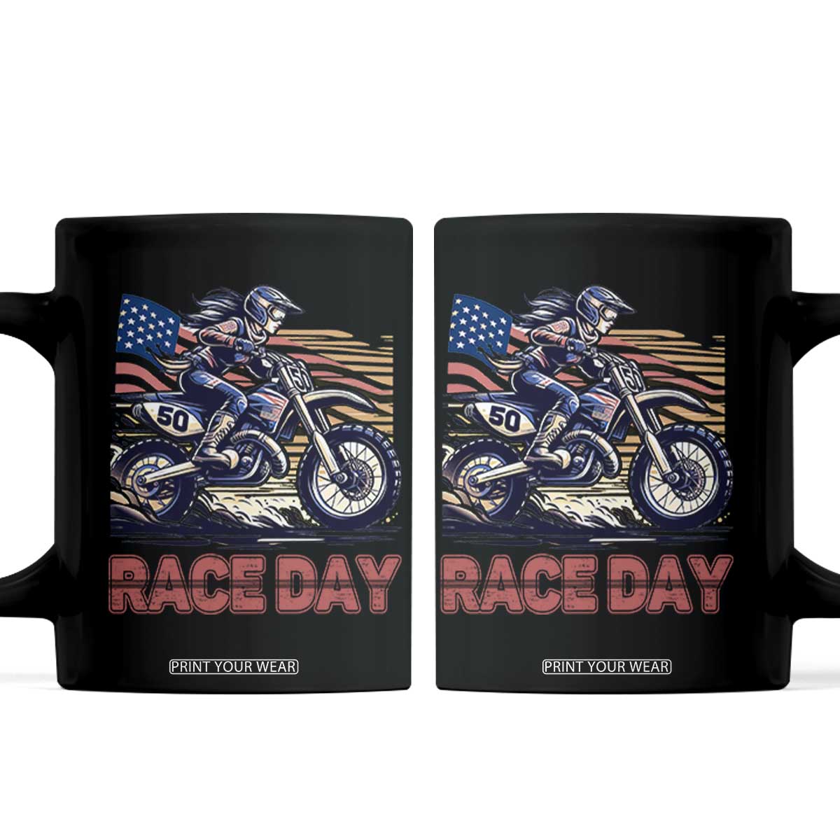Dirt Bike Girl Coffee Mug Patriotic Motocross American Flag Racing TS14 Black Print Your Wear