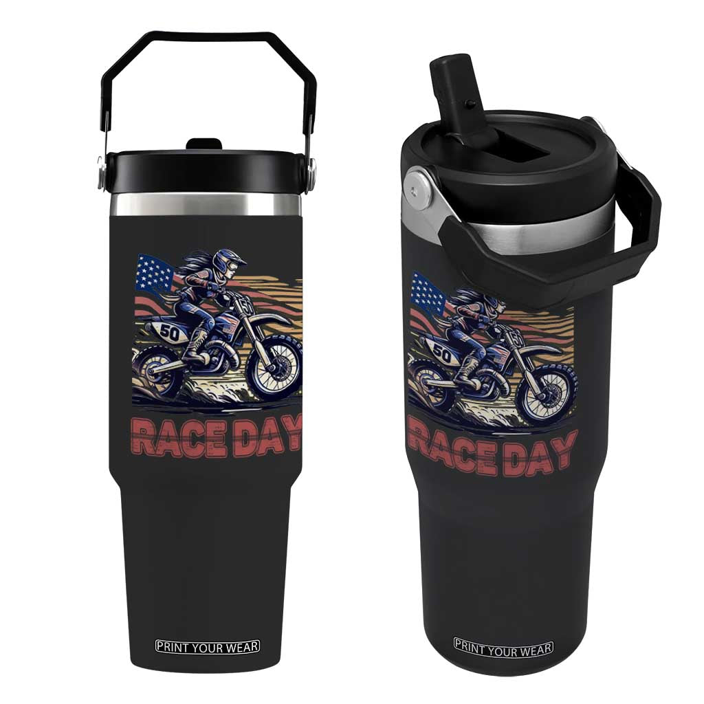 Dirt Bike Girl Flip Straw Tumbler Patriotic Motocross American Flag Racing TS14 One Size: 30 oz Black Print Your Wear