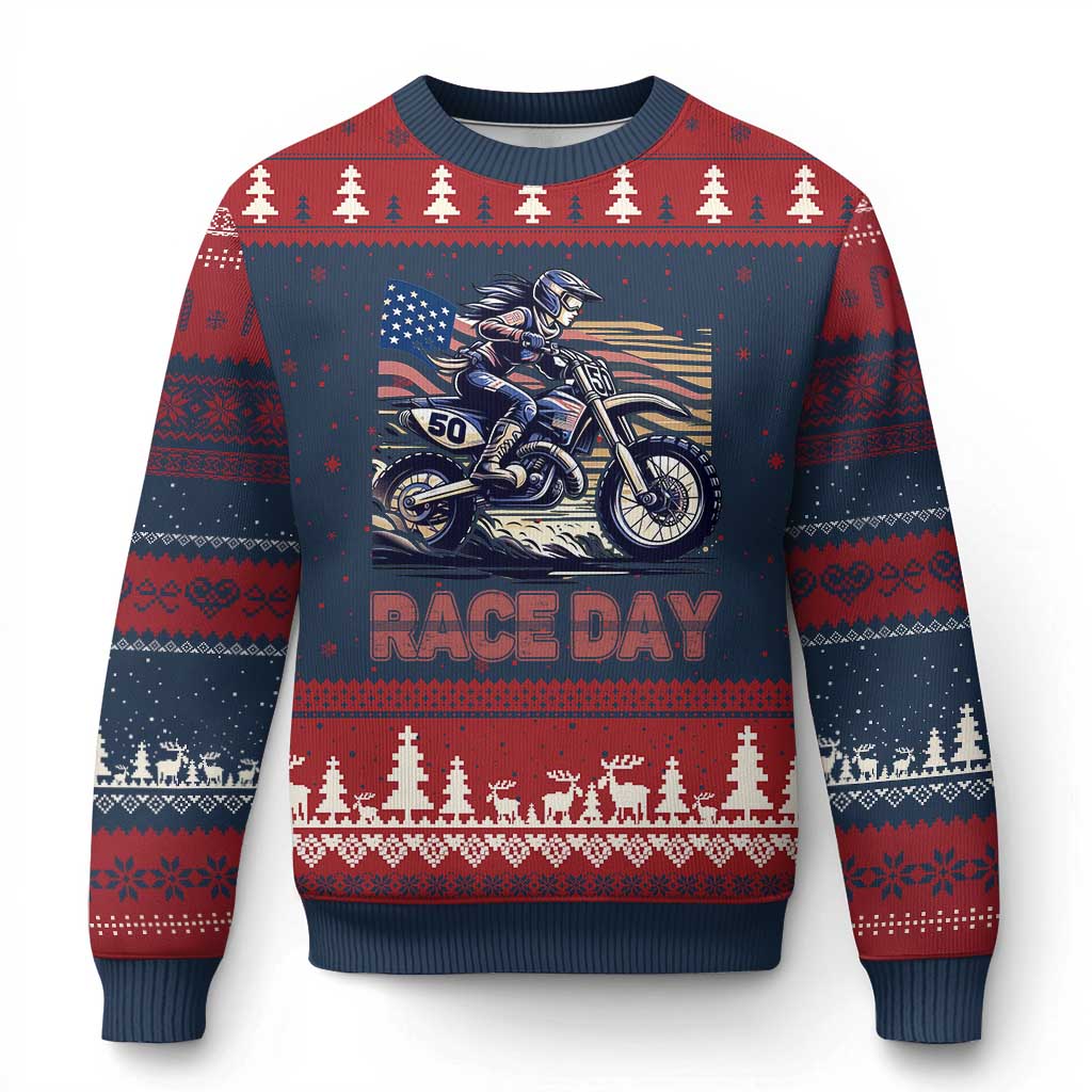 Dirt Bike Girl Ugly Christmas Sweater Patriotic Motocross American Flag Racing TS14 Navy Red Print Your Wear