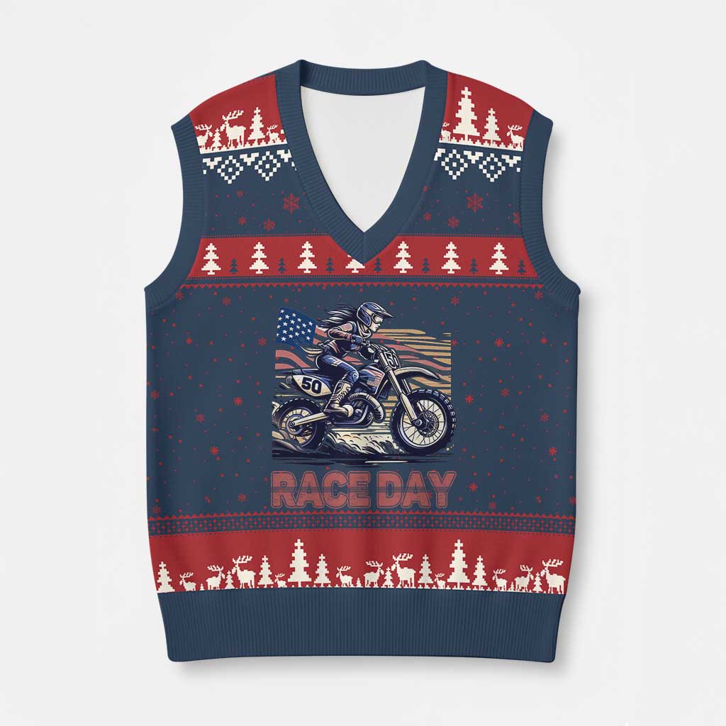 Dirt Bike Girl V-Neck Knit Sweater Vest Patriotic Motocross American Flag Racing TS14 Navy Red Print Your Wear