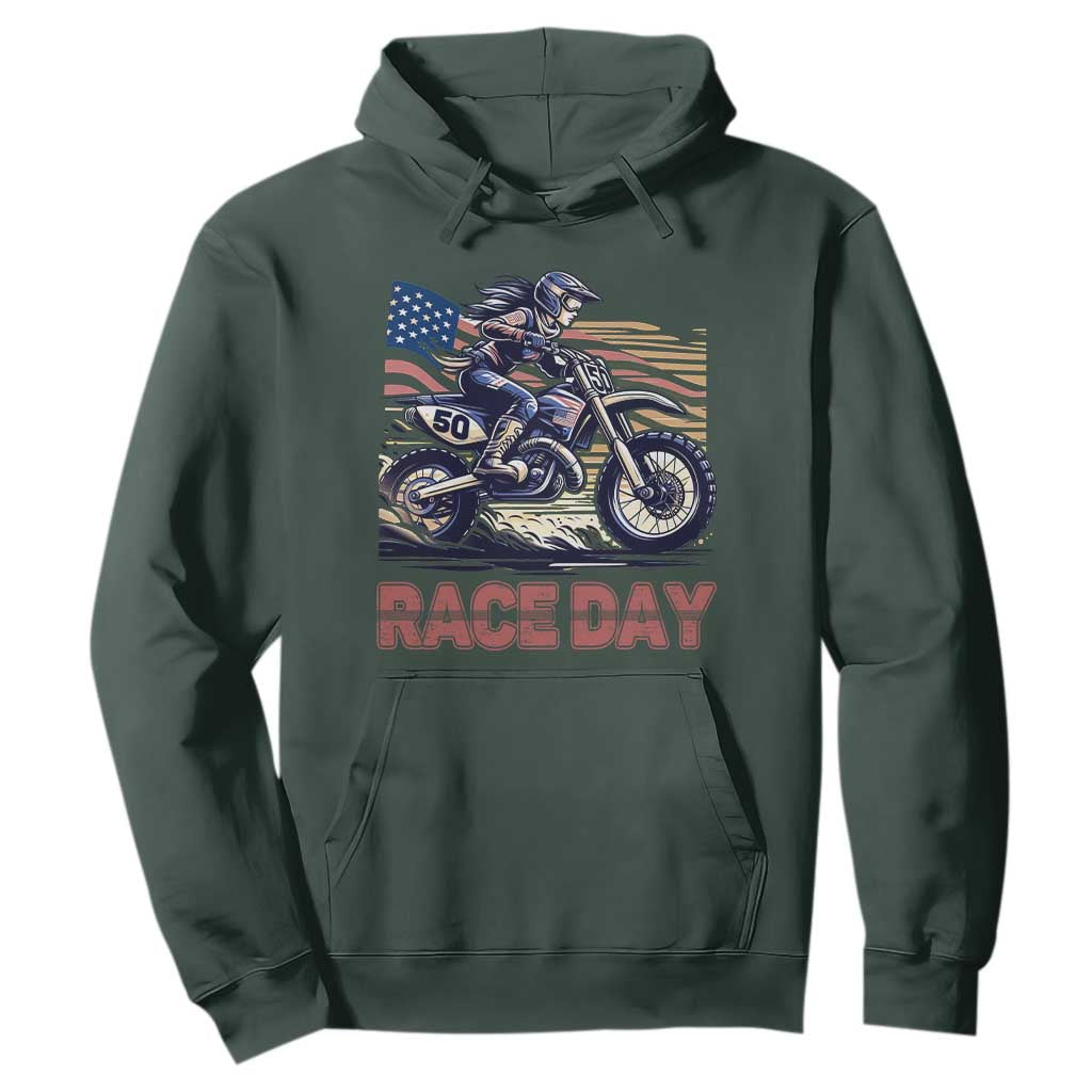 Dirt Bike Girl Hoodie Patriotic Motocross American Flag Racing TS14 Dark Forest Green Print Your Wear